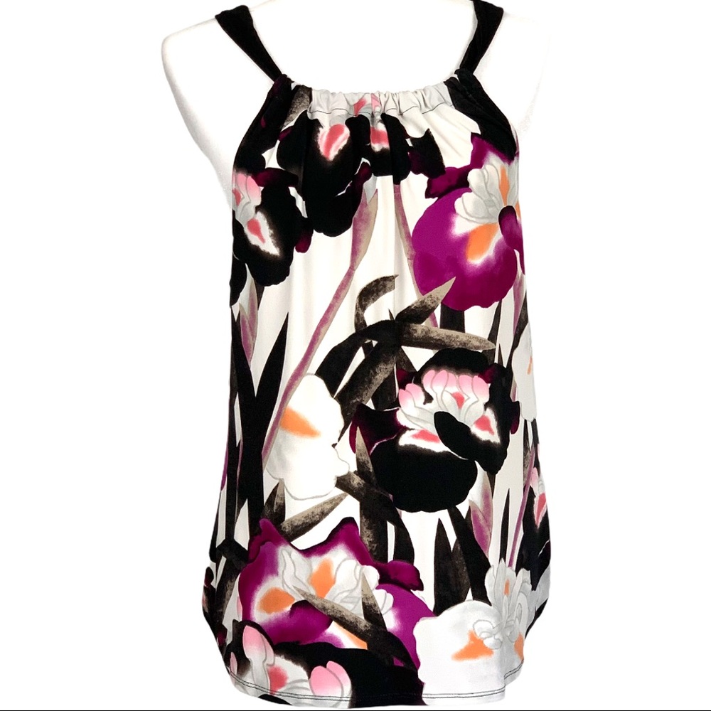 Tahari Black/White/Purple Ribbon Tie Back Tank Top